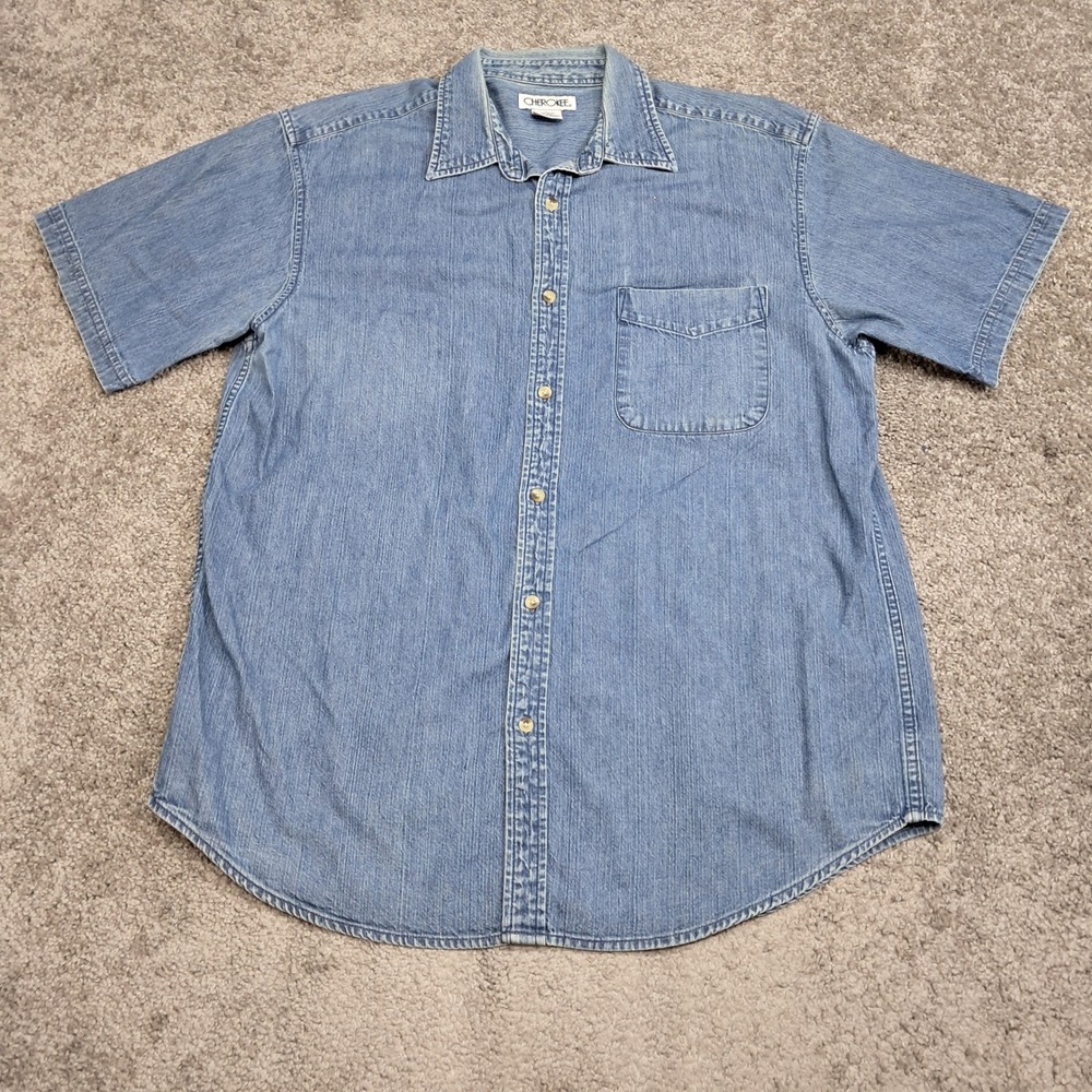 Cherokee‎ Mens Large Blue Denim Short Sleeve Button Down Shirt 100% Cotton 6924